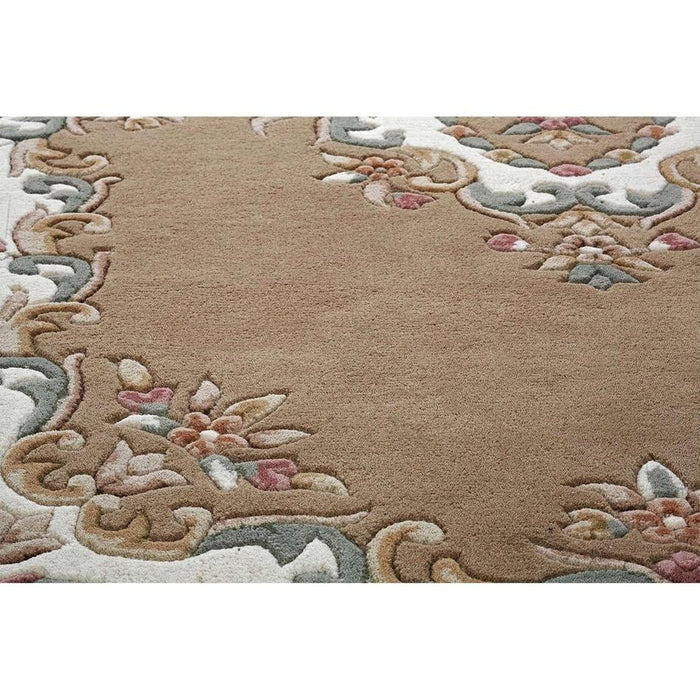 Royal Traditional Floral Aubusson Medallion Border Oriental Chinese Style Hand-Carved Hi-Low Textured Wool Beige Rug