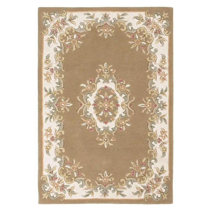 Royal Traditional Floral Aubusson Medallion Border Oriental Chinese Style Hand-Carved Hi-Low Textured Wool Beige Rug