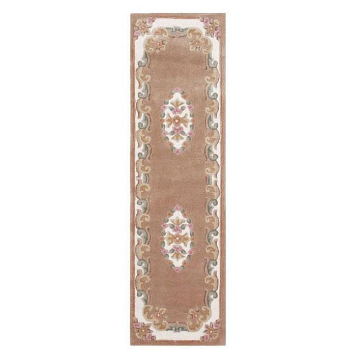 Royal Traditional Floral Aubusson Medallion Border Oriental Chinese Style Hand-Carved Hi-Low Textured Wool Beige Runner