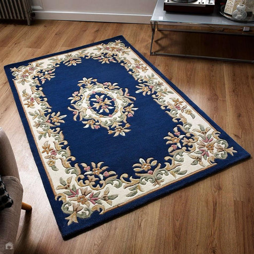 Royal Traditional Floral Aubusson Medallion Border Oriental Chinese Style Håndskåret Hi-Low Textured Wool Blue Rug