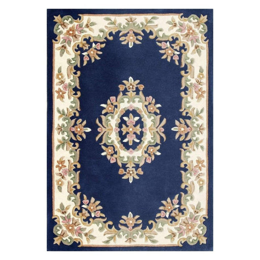 Royal Traditional Floral Aubusson Medallion Border Oriental Chinese Style Håndskåret Hi-Low Textured Wool Blue Rug