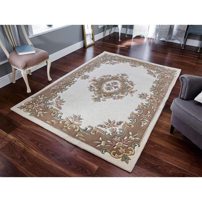 Royal Traditional Floral Aubusson Medallion Border Oriental Chinese Style Hand-Carved Hi-Low Textured Wool Cream/Beige Rug
