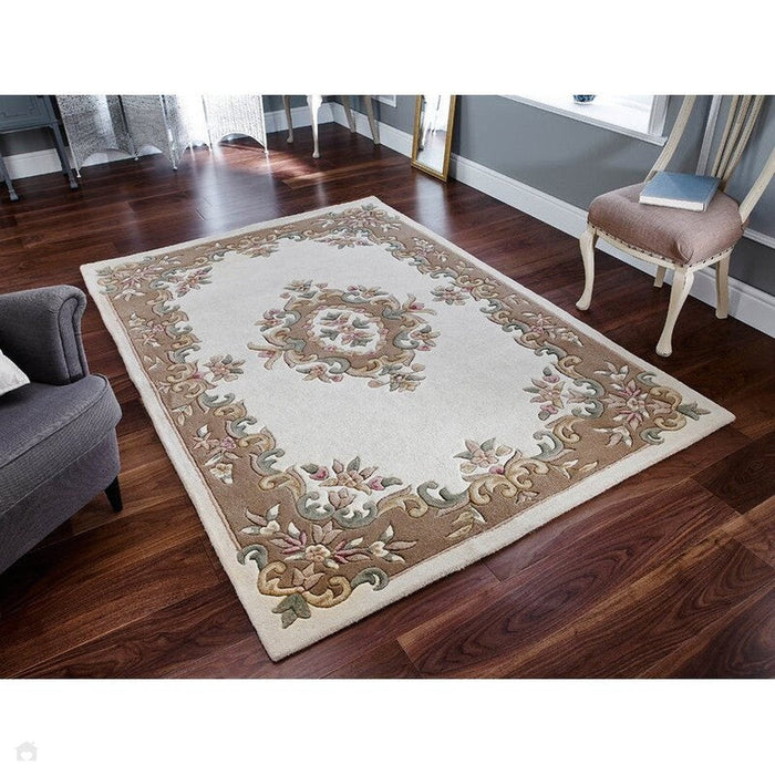 Royal Traditional Floral Aubusson Medallion Border Oriental Chinese Style Hand-Carved Hi-Low Textured Wool Cream/Beige Rug