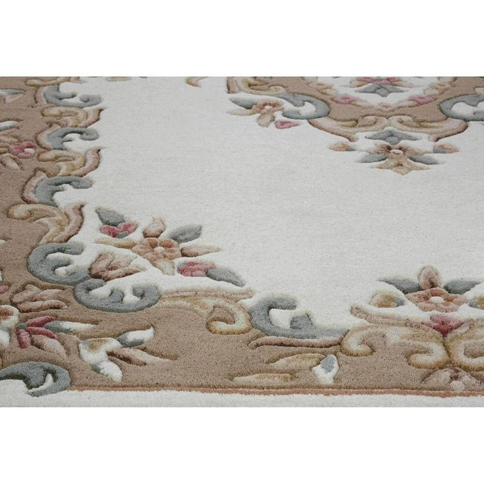 Royal Traditional Floral Aubusson Medallion Border Oriental Chinese Style Hand-Carved Hi-Low Textured Wool Cream/Beige Rug