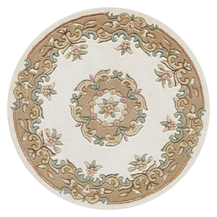Royal Traditional Floral Aubusson Medallion Border Oriental Chinese Style Hand-Carved Hi-Low Textured Wool Cream/Beige Rug