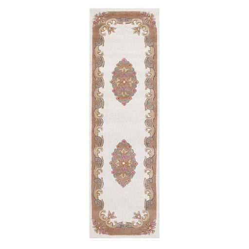 Koninklijke traditionele bloemen Aubusson medaillon rand Oosterse Chinese stijl met de hand gesneden hoog-laag getextureerde wol crème/beige loper