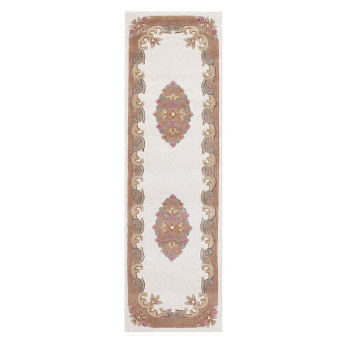 Bordo a medaglione Aubusson floreale tradizionale reale, stile cinese orientale, intagliato a mano in lana testurizzata crema/beige.