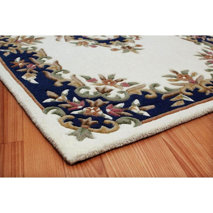 Royal Traditional Floral Aubusson Medallion Border Oriental Chinese Style Hand-Carved Hi-Low Textured Wool Cream/Blue Rug