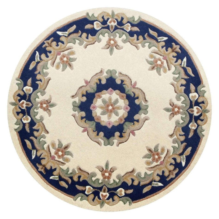 Royal Traditional Floral Aubusson Medallion Border Oriental Chinese Style Hand-Carved Hi-Low Textured Wool Cream/Blue Rug
