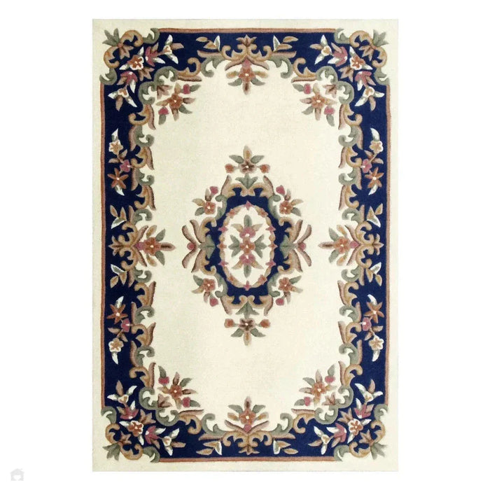 Royal Traditional Floral Aubusson Medallion Border Oriental Chinese Style Hand-Carved Hi-Low Textured Wool Cream/Blue Rug