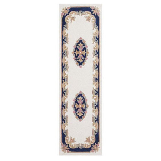 Royal Traditional Floral Aubusson Medaljong Border Orientalsk kinesisk stil Håndskåret Hi-Low Textured Wool Creme/Blue Runner