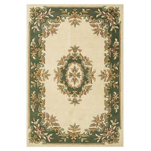 Koninklijke traditionele bloemen Aubusson medaillonrand Oosterse Chinese stijl handgesneden hoog-laag getextureerd wollen crème/groen vloerkleed