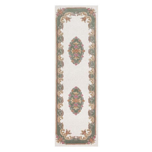 Royal Traditional Floral Aubusson Medaljong Border Orientalsk kinesisk stil Håndskåret Hi-Low Textured Ull Creme/Green Runner