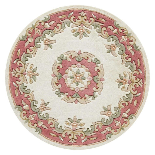 Koninklijke traditionele bloemen Aubusson medaillonrand Oosterse Chinese stijl met de hand gesneden hoog-laag getextureerde wol crème/roze rond tapijt