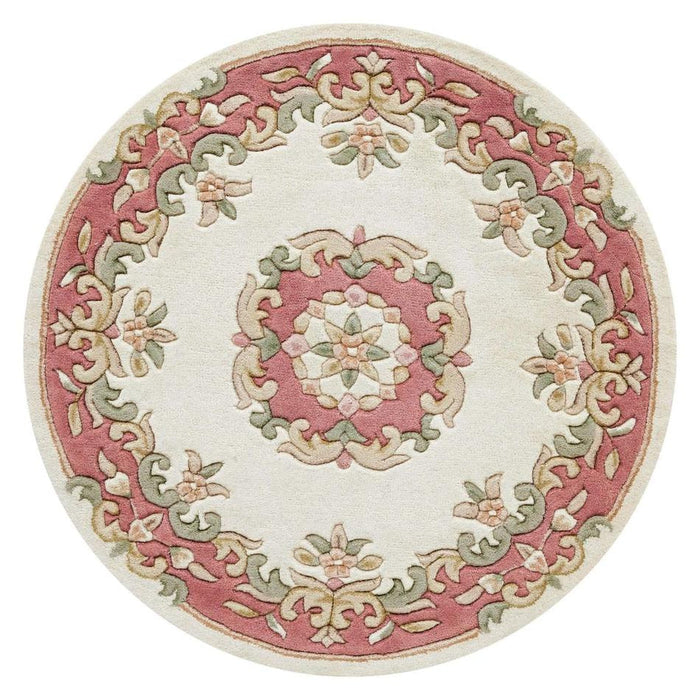 Koninklijke traditionele bloemen Aubusson medaillonrand Oosterse Chinese stijl met de hand gesneden hoog-laag getextureerde wol crème/roze rond tapijt