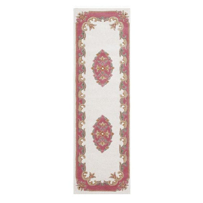 Koninklijke traditionele bloemen Aubusson medaillon rand Oosterse Chinese stijl met de hand gesneden hoog-laag getextureerde wol crème/roze loper