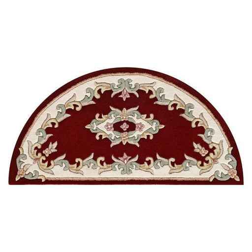 Tappeto a mezzaluna rosso con bordo a medaglione Aubusson floreale tradizionale tradizionale, stile orientale cinese, intagliato a mano, in lana testurizzata alta e bassa, a mezzaluna rossa