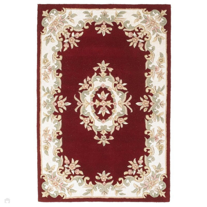 Tappeto rosso in lana rossa con medaglione floreale tradizionale Aubusson con bordo orientale in stile cinese, intagliato a mano a trama alta e bassa