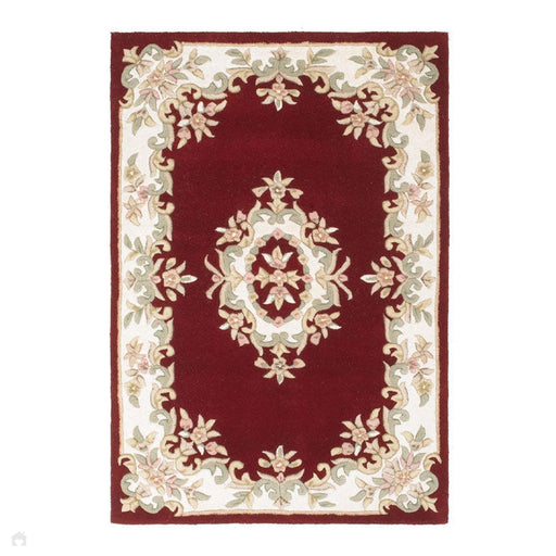 Tappeto rosso in lana rossa con medaglione floreale tradizionale Aubusson con bordo orientale in stile cinese, intagliato a mano a trama alta e bassa