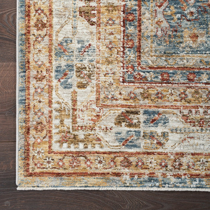 Sahar SHR01 Runner blu a pelo piatto in poliestere soft-touch vintage tradizionale persiano con bordo decorato invecchiato