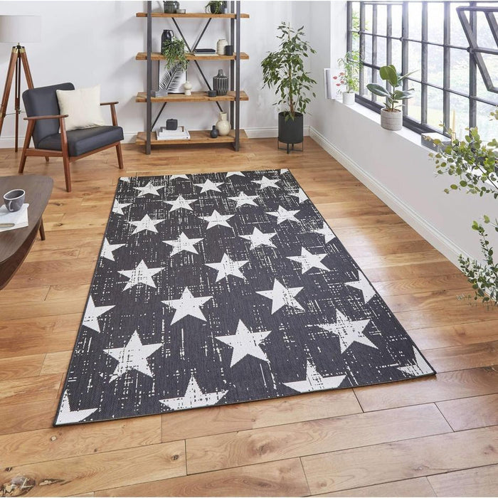 Santa Monica 48648 Star Durable Stain-Resistant Weatherproof Flatweave In-Outdoor Black/White Rug