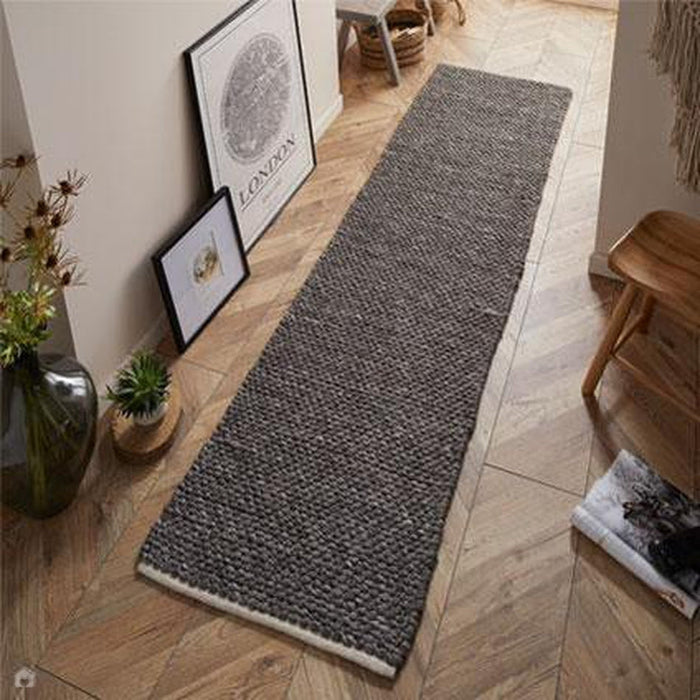 Savannah Modern Plain Mottled Beaded Pebble Hand-Woven Textured Wool Flat-Pile Charcoal Runner