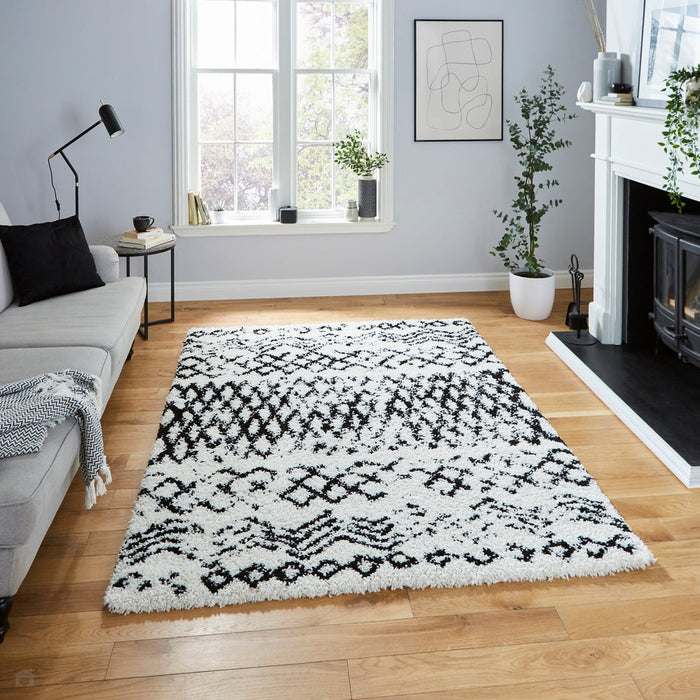 Scandi Berber G271 Modern Moroccan Berber Soft Plush Boho Shaggy White/Black Rug