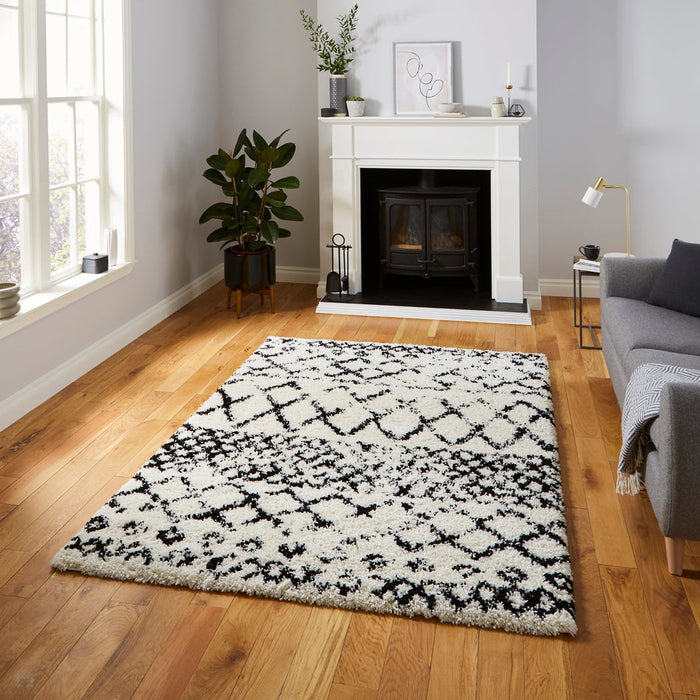 Scandi Berber G272 Modern Moroccan Berber Soft Plush Shaggy White/Black Rug