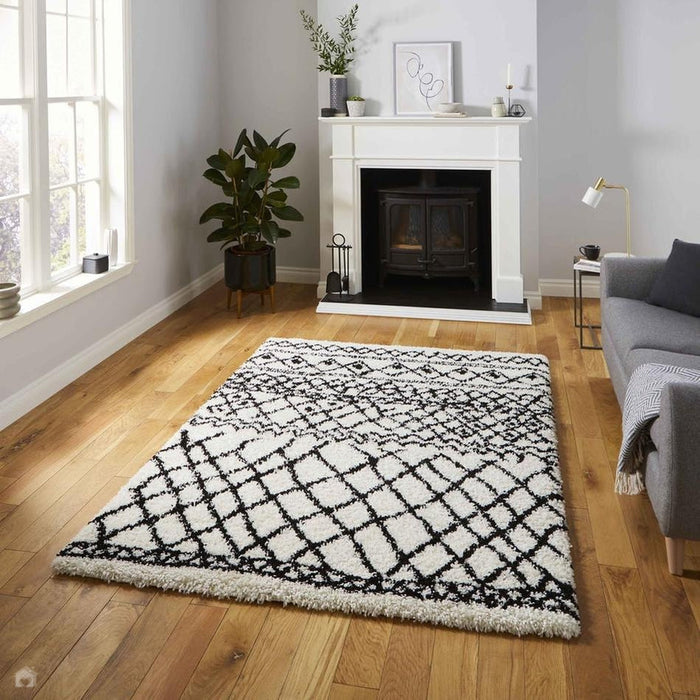 Scandi Berber G274 Modern Moroccan Berber Soft Plush Boho Shaggy White/Black Rug