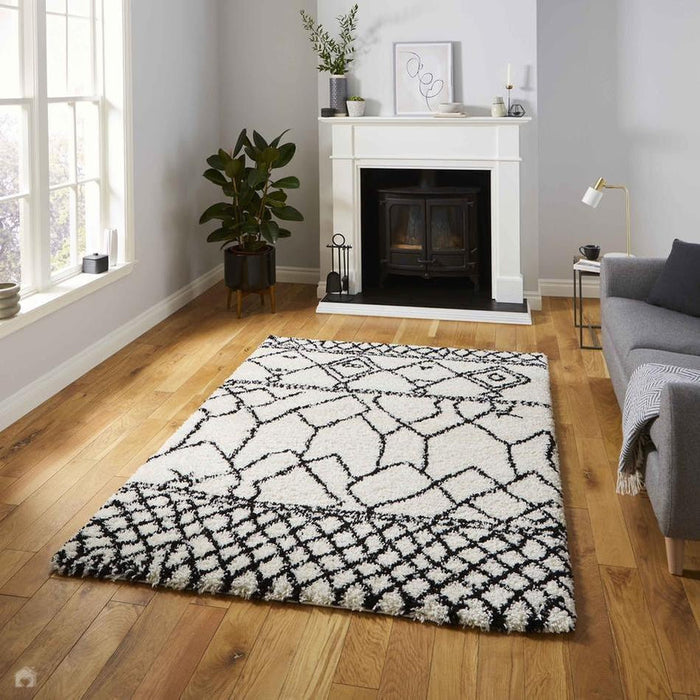 Scandi Berber G276 Modern Moroccan Berber Soft Plush Boho Shaggy White/Black Rug