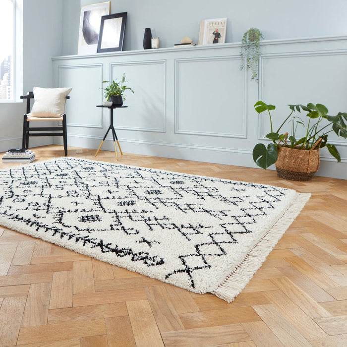 Scandi-Boho RL01 Modern Moroccan Berber Soft Plush Shaggy White/Black Rug