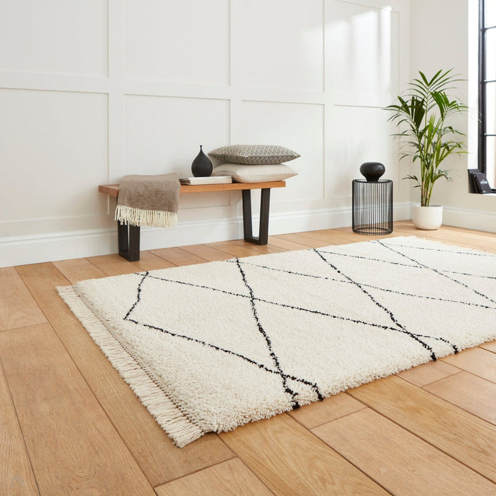 Scandi-Boho RL04 Modern Moroccan Berber Soft Plush Shaggy White/Black Rug