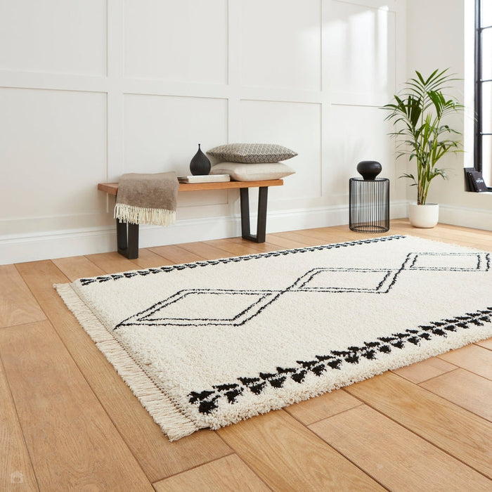 Scandi-Boho RL05 Modern Moroccan Berber Soft Plush Shaggy White/Black Rug