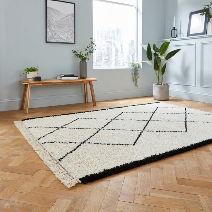 Scandi-Boho RL06 Modern Moroccan Berber Soft Plush Shaggy White/Black Rug