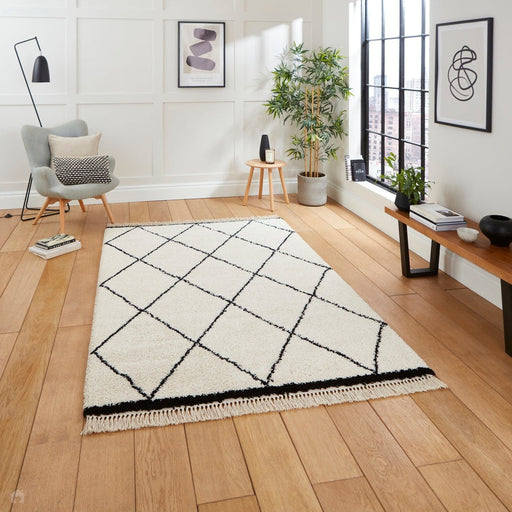 Scandi-Boho RL07 Modern Moroccan Berber Soft Plush Shaggy White/Black Rug