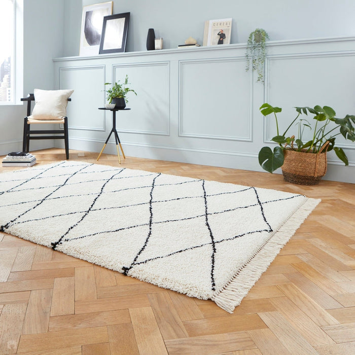 Scandi-Boho RL08 Modern Moroccan Berber Soft Plush Shaggy White/Black Rug