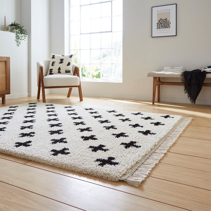 Scandi-Boho RL09 Modern Moroccan Berber Soft Plush Shaggy White/Black Rug