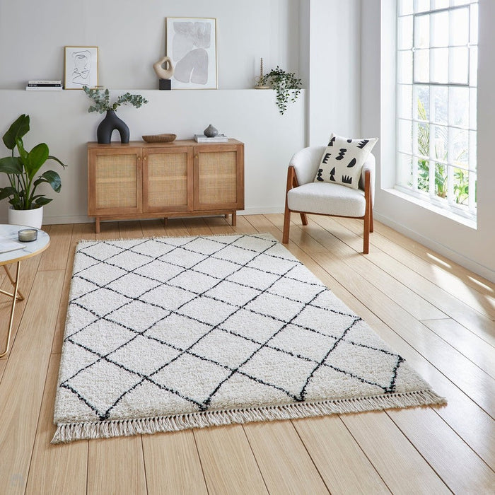 Scandi-Boho RL10 Modern Moroccan Berber Soft Plush Shaggy White/Black Rug 160 x 230 cm