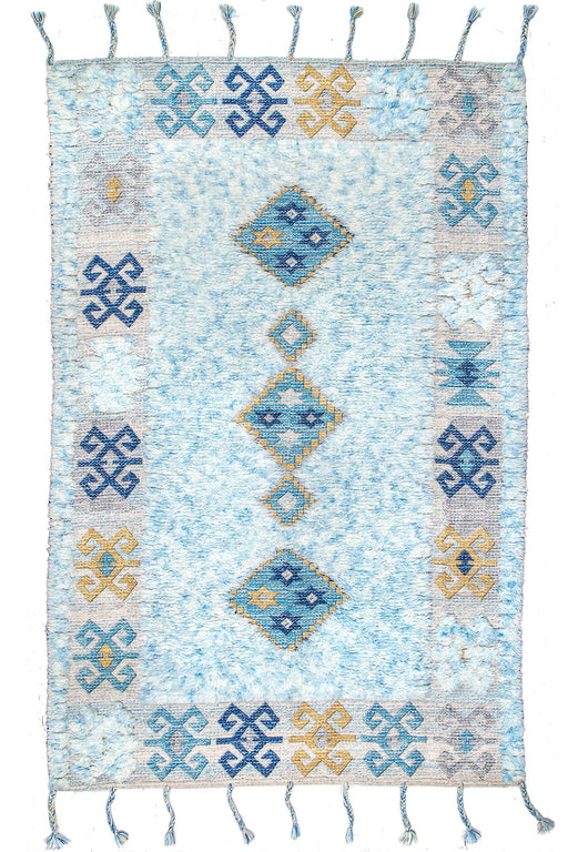 Alfombra tribal azul peluda con borlas trenzadas 160 x 230 cm