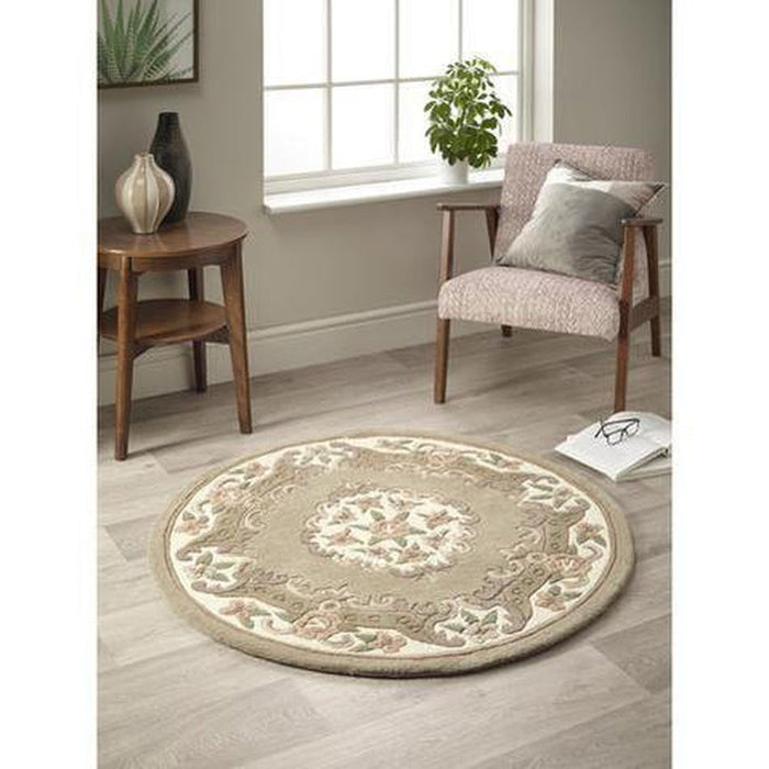 Shensi Tradisjonell blomster Aubusson Medallion Border Oriental Chinese Style Håndskåret Hi-Low Textured Wool Beige/Brown Round Rug