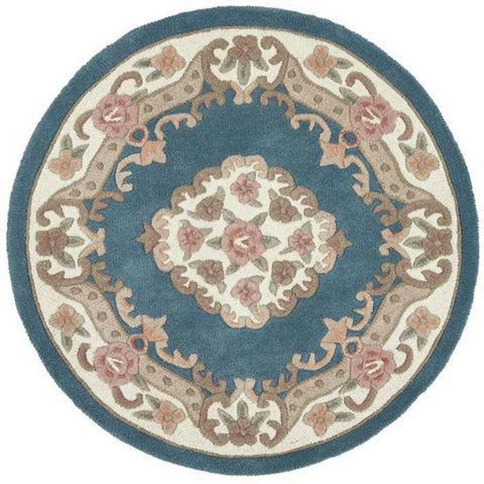 Shensi Traditionele Bloemen Aubusson Medaillon Rand Oosterse Chinese Stijl Handgesneden Hoog-laag Getextureerd Wol Blauw Rond Tapijt