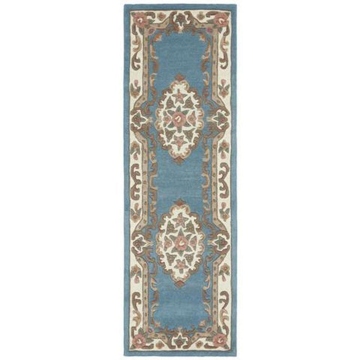 Shensi tradizionale medaglione floreale Aubusson con bordo in stile cinese orientale, runner blu in lana testurizzata alta e intagliata a mano