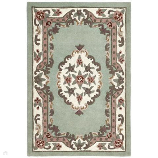 Shensi Traditionele Bloemen Aubusson Medaillonrand Oosterse Chinese Stijl Handgesneden Hoog-Laag Getextureerd Wollen Groen Tapijt 120 x 180 cm