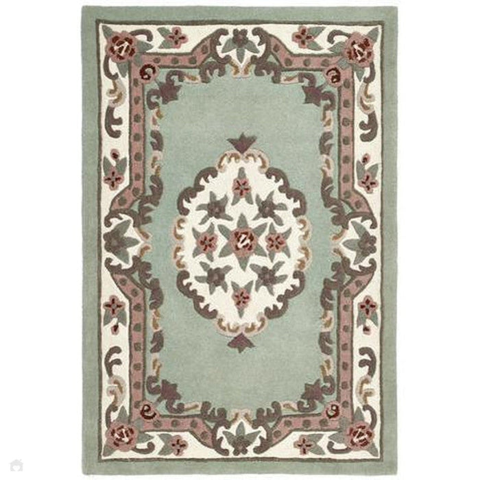 Shensi Traditionele Bloemen Aubusson Medaillonrand Oosterse Chinese Stijl Handgesneden Hoog-Laag Getextureerd Wollen Groen Tapijt 120 x 180 cm