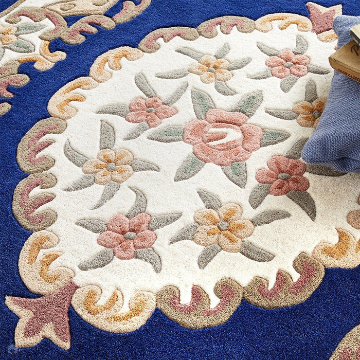 Shensi Traditional Floral Aubusson Medallion Border Oriental Chinese Style Hand-Carved Hi-Low Textured Wool Navy Runner