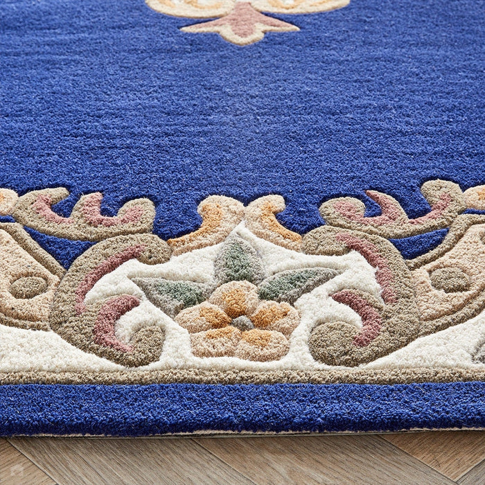 Shensi Traditional Floral Aubusson Medallion Border Oriental Chinese Style Hand-Carved Hi-Low Textured Wool Navy Runner