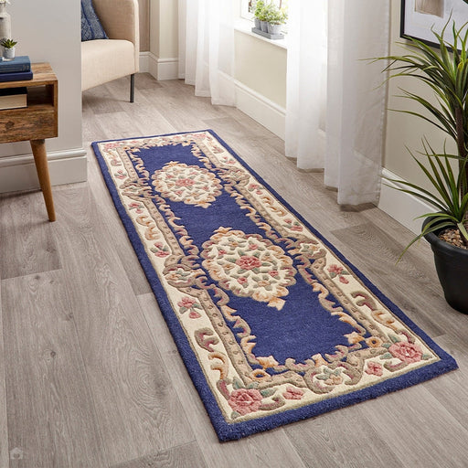 Shensi Traditionele Bloemen Aubusson Medaillon Rand Oosterse Chinese Stijl Handgesneden Hi-Low Getextureerde Wol Marine Runner