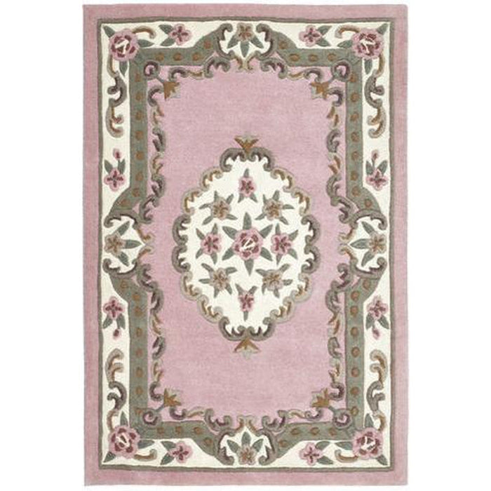 Shensi traditionele bloemen Aubusson medaillonrand Oosterse Chinese stijl handgesneden hoog-laag getextureerd wollen roze vloerkleed