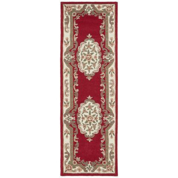 Shensi Traditional Floral Aubusson Medallion Border Oriental Chinese Style Hand-Carved Hi-Low Textured Wool Wine Runner