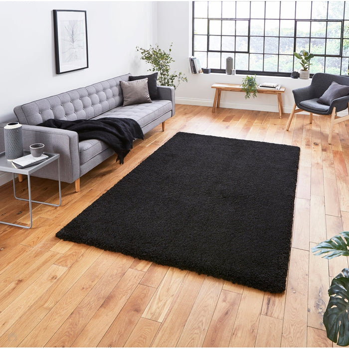 Sierra 9000 Plush Soft High-Density Stain-Resistant Plain Textured Polypropylene Shaggy Black Rug